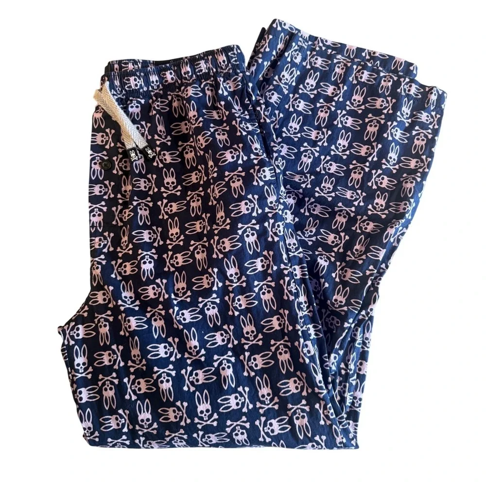 Psycho Bunny Mens Pajama Pants XL Navy Blue Pink Logo Print Cotton‎ Lounge Sleep